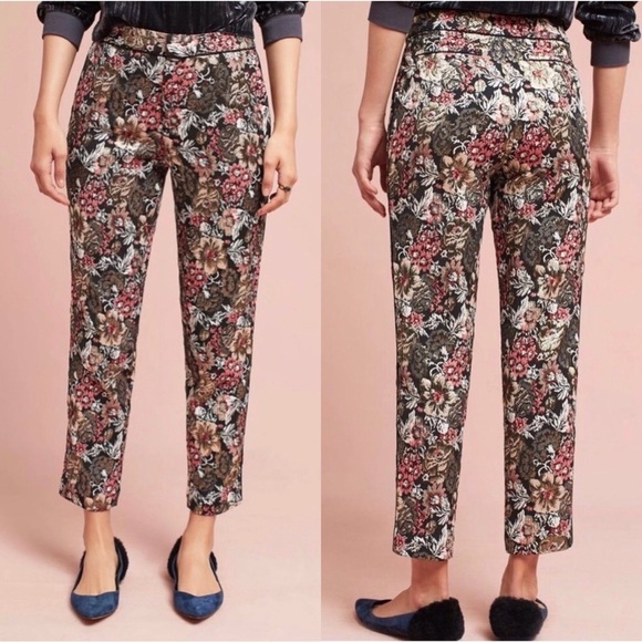 Anthropologie Maeve Jacquard Floral Metallic Slim Trousers - Picture 3 of 12